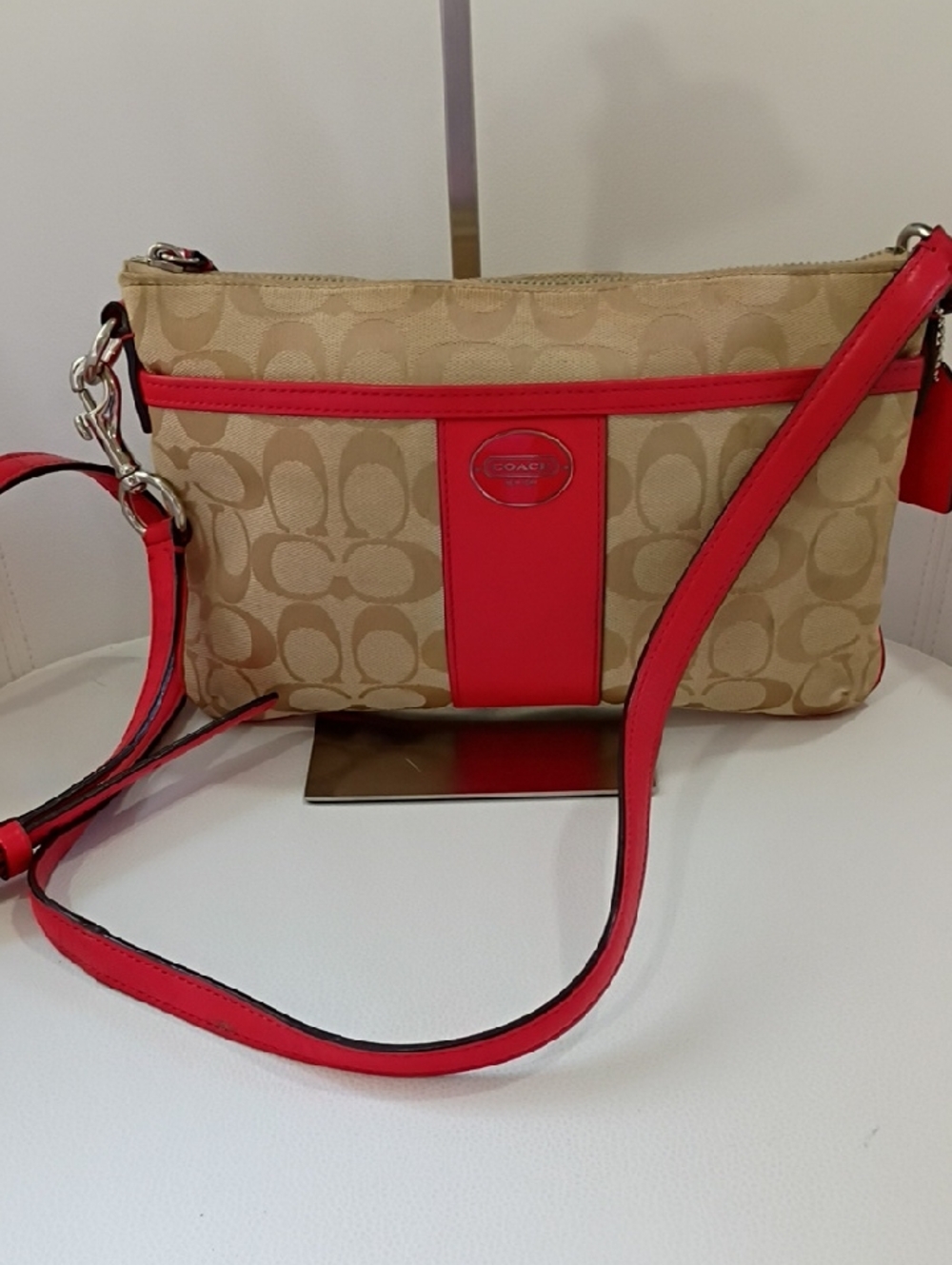 Coach Beige Signature Canvas Crossbody with Red Trim